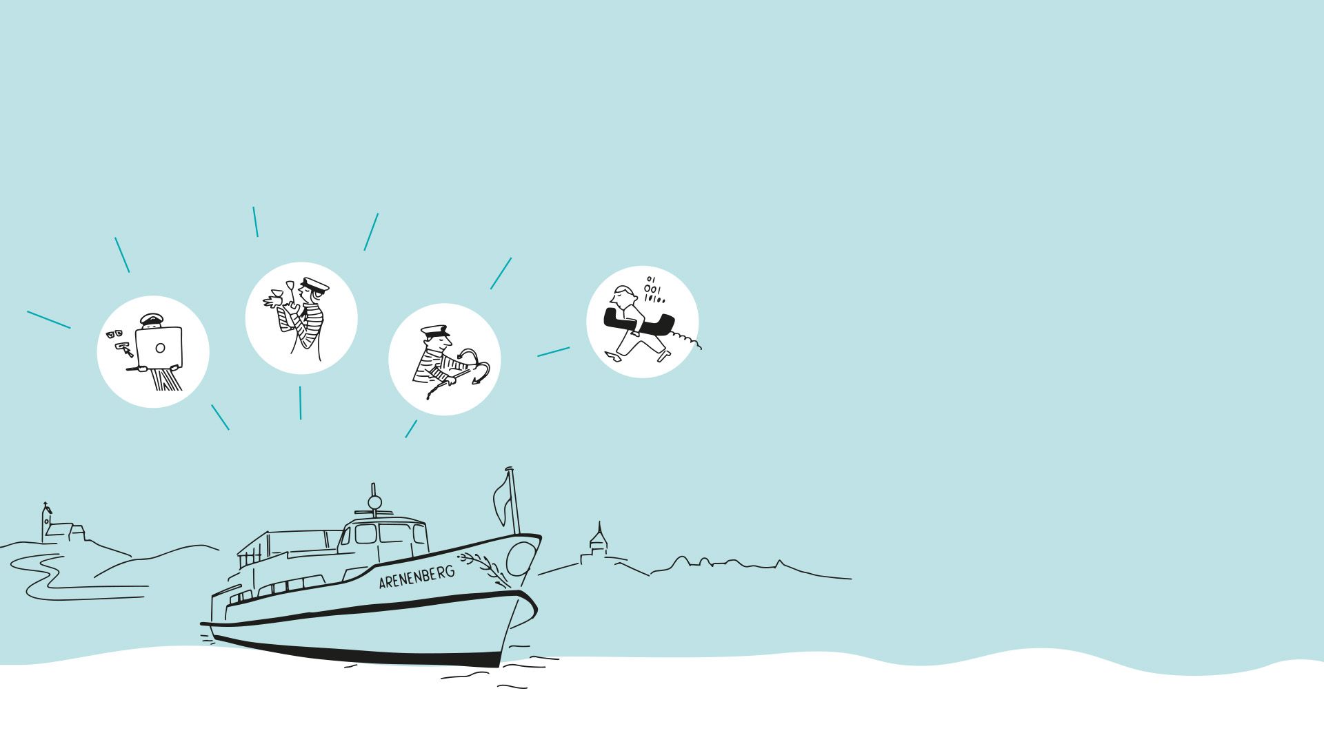 Eine Zeichnung von einem Boot mit einer Gruppe von Menschen darauf