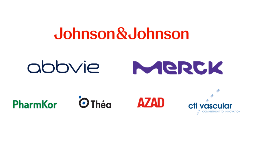 A group of logos: johnson & johnson, abbvie, merck and pharmkor and more.