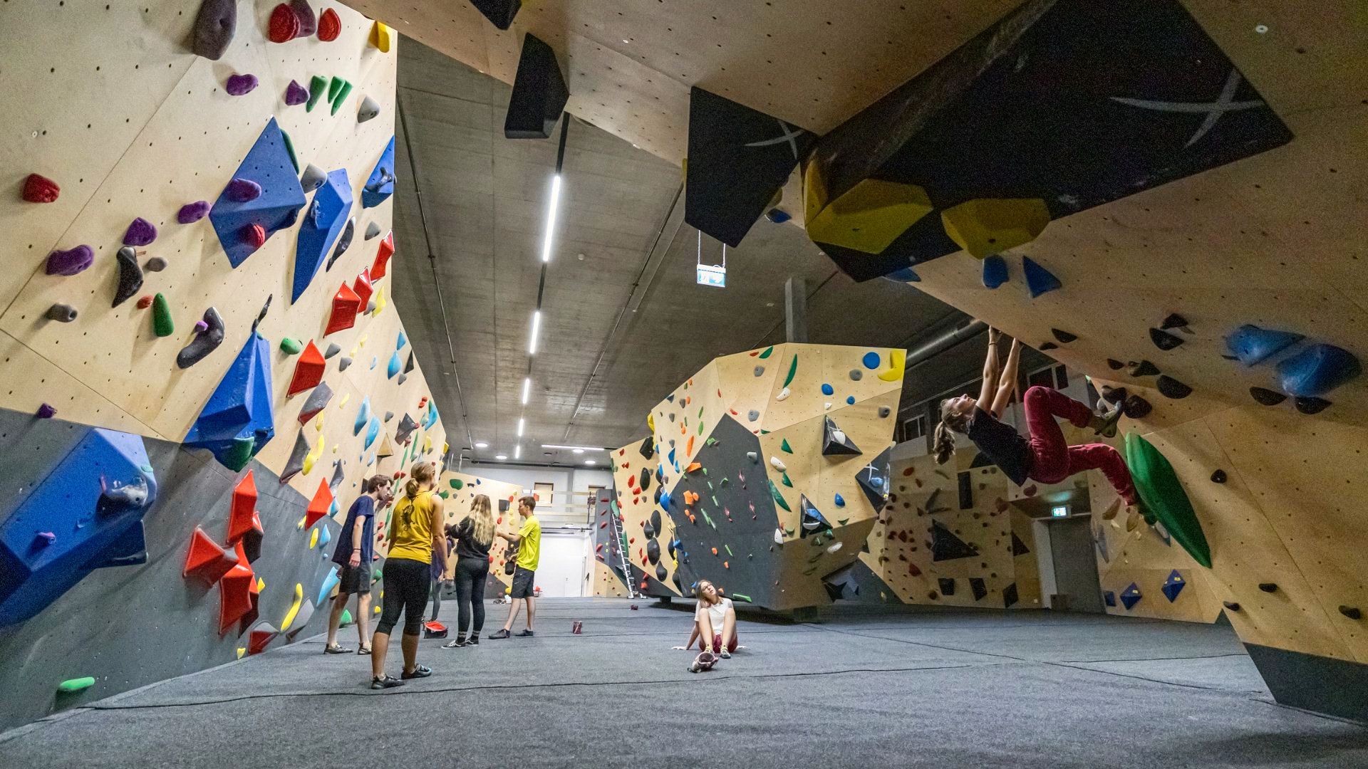 A group of people are standing in front of a climbing wall at the Aranea Boulderhall in Schaffhausen, Switzerland.